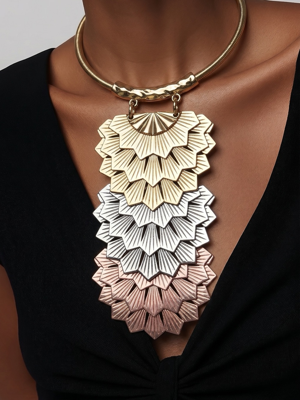 Layered Tri-Tone Geometric Pendant Necklace - Gold, Silver & Rose